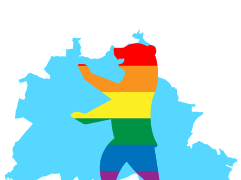 Regenbogenbär im Profil vor hellblauem Umriss des Landes Berlins