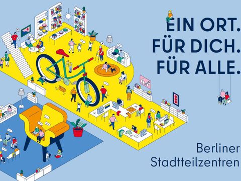 Wimmelbild Stadtteilzentrum. Ein Ort. Für Dich. Für Alle. Berliner Stadtteilzentren