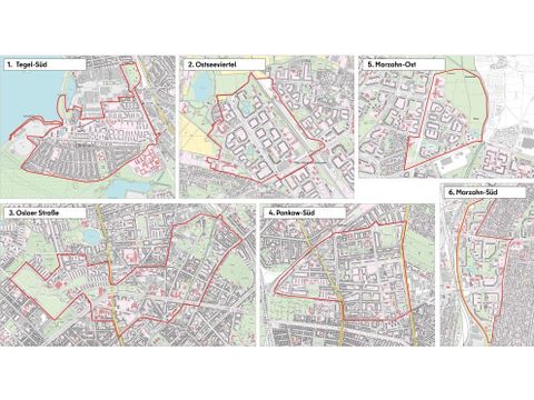Sechs Karten mit Umrissen der neuen Fördergebiete der Nachhaltigen Erneuerung