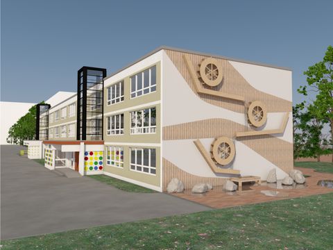 Perspektive der Fassade der Kita Zauberberg mit Wasserspiel