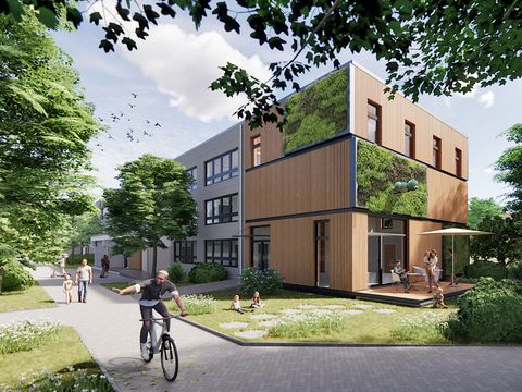 Perspektive der Kita Raupe Nimmersatt mit Anbau in Holzbauweise mit Fassadenbegrünung