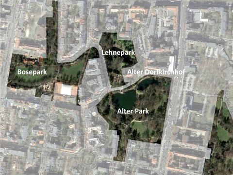 Luftbild mit hervorgehobenen drei Parks westliche des Tempelhofer Damms mit Beschriftung: Bosepark, Lehnepark, Alter Park