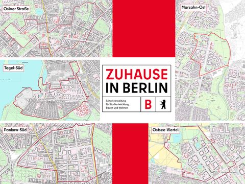 Teaser mit fünf Untersuchungsgebieten und Logo Zuhause in Berlin