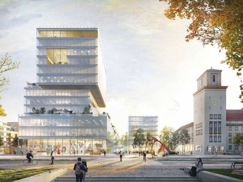 Perspektive: Tempelhofer Platz mit Rathaus, Rathauserweiterung und dem neuen Kultur- und Bildungsbaustein