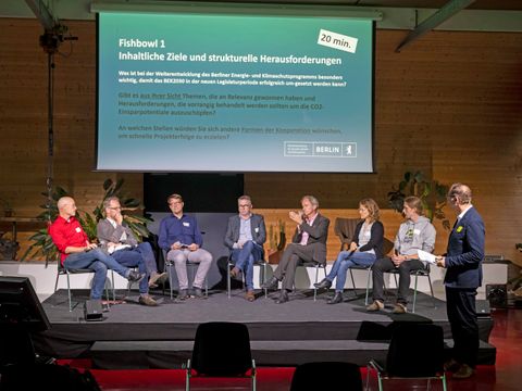 Beteiligungsprozess startet mit Auftaktforum. Eine Bühne mit diskutierenden Menschen, die im halbkreis vor einem Publikum sitzen.