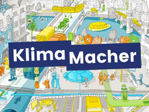 Comiczeichnung der Stadt mit großem Klimamacher Banner in der Mitte