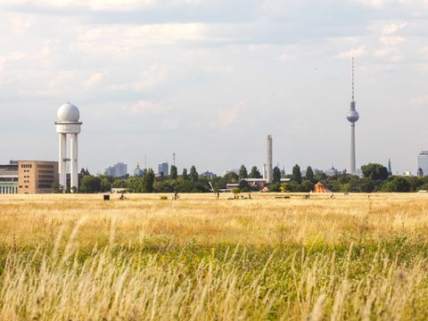Das Panoramafoto zeigt einen Blick über das sogenannte Wiesenmeer aus gelben Ähren und Gräsern auf dem Tempelhofer Feld. Die weitläufige Freifläche nimmt etwa das untere Drittel des Bildes ein. In großer Entfernung sind einige Radfahrer auszumachen. Hinter grünen Baumkronen im Hintergrund die Skyline von Berlin. Von links nach rechts: ein Gebäude des ehemaligen Flughafens und der massive Radarturm mit kugelförmiger Kuppel, einige Hochhäuser, die Kuppel des Berliner Doms sowie der Fernsehturm.