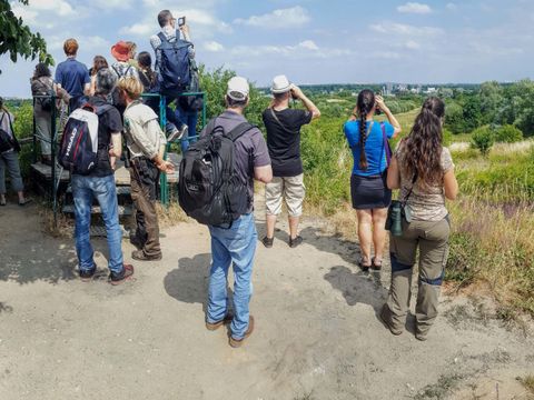 Auf einer Anhöhe lassen Teilnehmende einer Exkursion zum Marienfelder Naturschutzpark den Blick in die Landschaft schweifen. Sie stehen mit dem Rücken zur Kamera. Mehrere Personen der gemischten Gruppe schauen durch ein Fernglas oder fotografieren mit ihrem Handy. In der linken Bildhälfte stehen acht Personen auf einer sechseckigen Plattform, die über 3 Stufen zu erreichen und mit einem Geländer gesichert ist.
