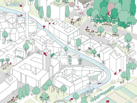 Eine stilisierte Abbildung von Berlin Mitte mit angrenzenden Naturgebieten von oben. Der Fernsehturm und der Turm des Roten Rathauses überragen die als weiße Quader gezeichneten Häuser. Dazwischen einige Menschen, Autos und Radfahrer*innen. In einem großen Bogen durchquert die Spree die Stadt. Rechts im Hintergrund befindet sich ein Wald. Lebewesen wie Vögel oder Pflanzen stechen überall leuchtend rot hervor. Zum Beispiel ein Specht im Wald oder eine Kröte in einem Teich.