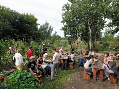 In einem großen Gemeinschaftsgarten sitzen bei Sonnenschein Leute in kleinen Gruppen auf Holzbänken an rustikalen Tischen. Andere schlendern durch die üppig grünen Beete und über das weitläufige Gelände. Im Hintergrund stehen hohe Laubbäume mit dichtem Blattwerk.