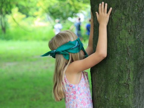 Ein etwa achtjähriges blondes Mädchen hat die Augen mit einem Tuch verbunden und befühlt mit seinen Händen die rissige Rinde eines Baumstammes. Das Mädchen hat langes Haar und trägt ein ärmelloses Shirt. Unscharf im Hintergrund eine grüne Wiese und drei ältere Jungen die sich entfernen.