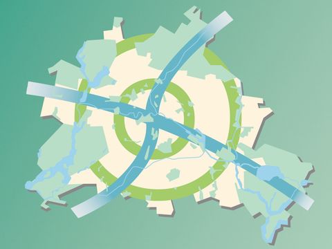 Stilisierte Berlinkarte mit grünen Kreisen und blauen gekreuzten Linien auf hellgrünem Hintergrund.