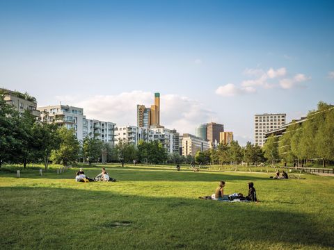 Wiese im Park mit sitzenden Menschen, Bäumen und Gebäuden des Potsdamer Platz im Hintergrund.
