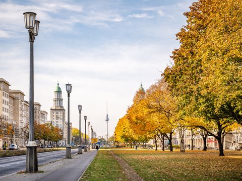 Frankfurter Allee mit Laternen, herbstlichen Bäumen und Fernsehturm im Hintergrund.
