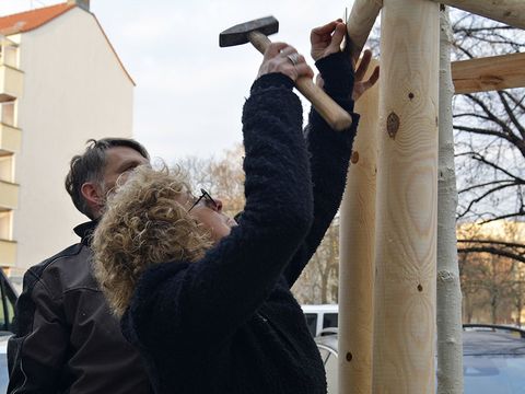 Das Baumschild wird angebracht. (Bild: SenUVK)