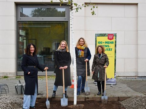 Baumpflanzung mit Senatorin Bettina Jarasch, Bezirksstadträtin Dr. Almut Neumann, Gruppenleiterin Kristina Stecker-Albrecht und Staatssekretärin Dr. Silke Karcher (v.l.n.r.) (Bild: SenUMVK)