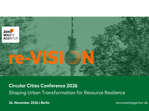 Konferenz „re-VISION: Circular Cities” der Zero-Waste-Agentur am 26. November 2026 in Berlin, Banner zur Konferenz mit Fernsehturm im Hintergrund und Informationen zur Konferenz im Vordergrund