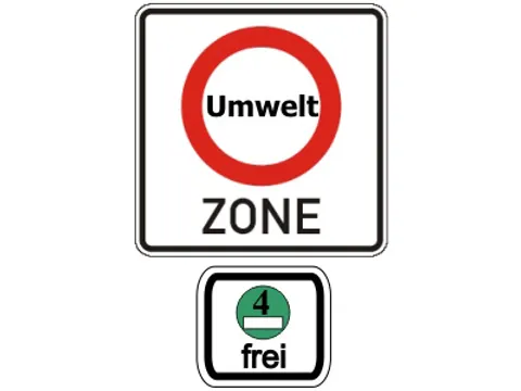 Ausschilderung für den Beginn einer Umweltzone, für die Fahrzeuge mit der grünen Plakette gekennzeichnet sein müssen.