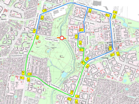 Bauzeitliche Verkehrsführung MIV (Bild: SSF Ingenieure AG , Karte: Geoportal Berlin)