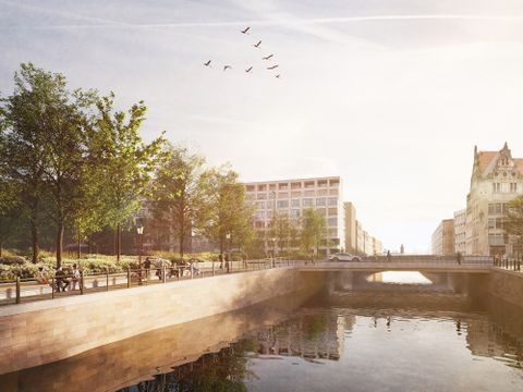 Visualisierung der Neuen Gertraudenbrücke - Blick von der Mitte des Spreekanals stromabwärts