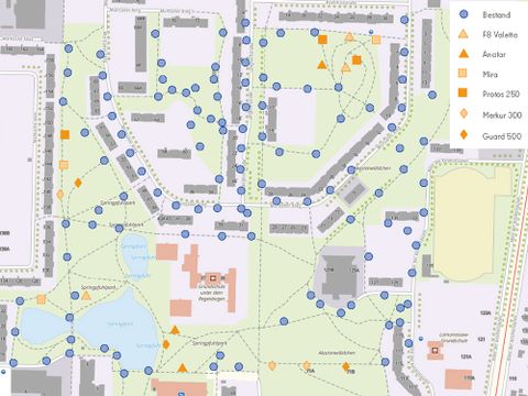 Plan Sprinpfuhlpark: bestehende Beleuchtung und neue Solarleuchten (Bild: SenMVKU / Geoportal Berlin)