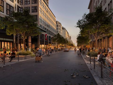 So könnte es aussehen – Parkplätze entfallen zugunsten von Begrünung und Außengastronomie (Bild: Nöfer/Astimatic)