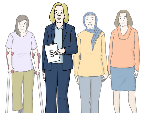 Vier unterschiedliche Frauen stehen nebeneinander, eine davon steht etwas weiter vorne und hat ein Buch mit einen Paragrafen darauf in der Hand