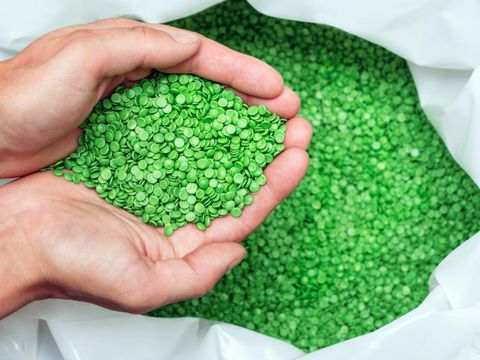 Eine Hand hält grüne biologisch Abbaubare Plastikchips
