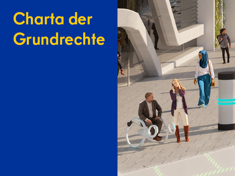Digital erstelltes Bild zeigt einen Mann im Rollstuhl, daneben steht eine Dame und telefoniert.