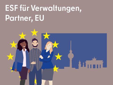 Illustration: im Vordergrund drei Figuren und im Hintergrund Sehenswürdigkeiten von Berlin