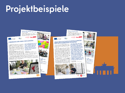 Illustration: ESF Prospekte im Vordergrund und im Hintergrund Sehenswürdigkeiten von Berlin