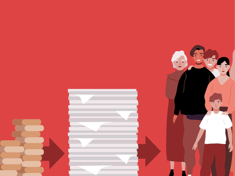 Illustration: Aufgestapelte Münzen, Pfeil zu aufgestapelten Papieren, Pfeil zu Menschenmenge