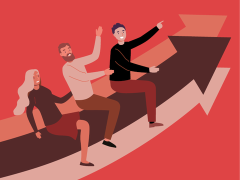 Illustration zeigt drei Menschen, die auf einem Pfeil sitzen