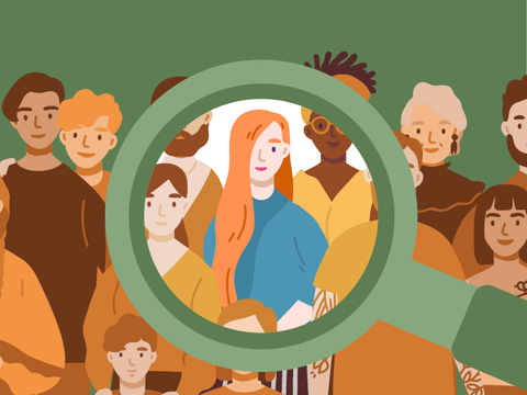 Illustration einer Lupe und im Hintergrund Menschenmenge