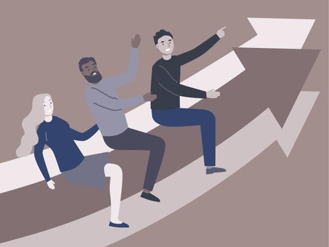 Illustration zeigt drei Menschen, die auf einem Pfeil sitzen