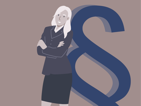 Illustration: Eine Frau im Vordergrund und im Hintergrund ein Paragraph-Zeichen
