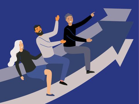 Illustration zeigt drei Menschen, die auf einem Pfeil sitzen