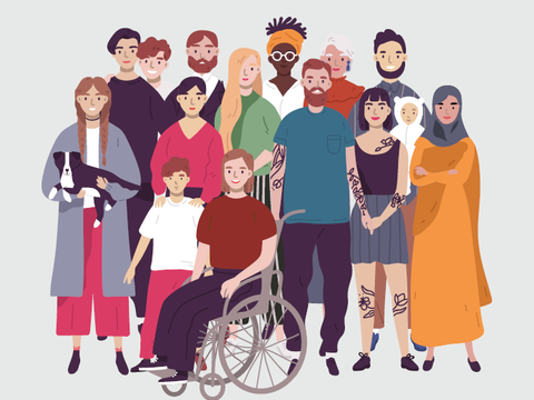 Illustration unterschiedlicher Menschen mit unterschiedlicher Herkunft und Hindernissen