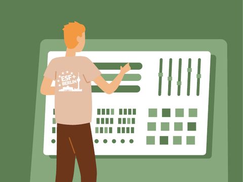 Illustrierte Figur vor einem Kontrollsystem