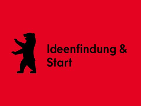 Ein Beitragsbild mit der Aufschrift "Ideenfindung & Start". Links daneben ist ein stilisierter Bär - der Berliner Bär - zu sehen. Der Hintergrund ist rot und die Aufschrift sowie die Grafik sind schwarz.