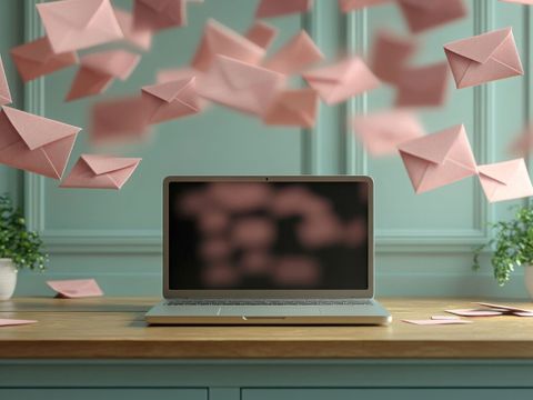 Laptop steht auf einem Tisch und von oben regnet es rosa Briefumschläge