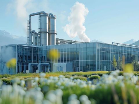 Im Vordergrund eine Blumenwiese, im Hintergrund eine Fabrik