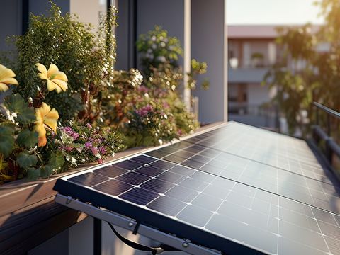 Solarmodule auf Balkon, Blumen im Hintergrund