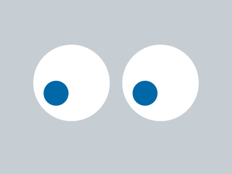 Zwei blaue Augen schauen auf grauem Grund nach unten links