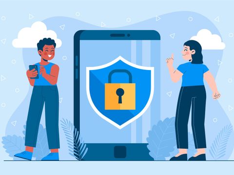 Illustration mit zwei Figuren, die vor einem überlebensgroßen Smartphone stehen, auf dem ein Schloss abgebildet ist