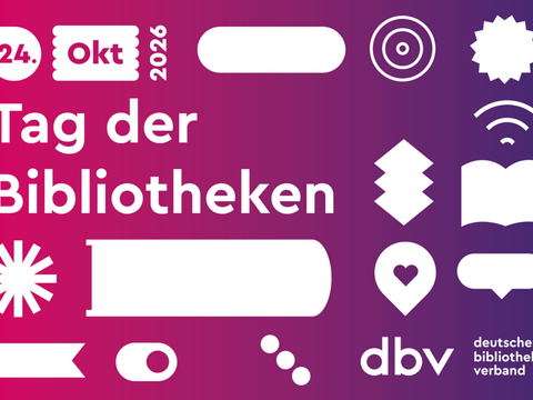 Grafik zum Tag der Bibliotheken mit Grafiken, die an Bücher, Social Media und Digitale Designs erinnern