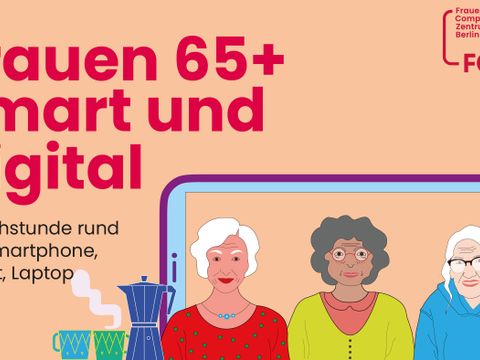 Illustration von drei Frauen über 65 vor einem Smartphone mit Kaffeekanne