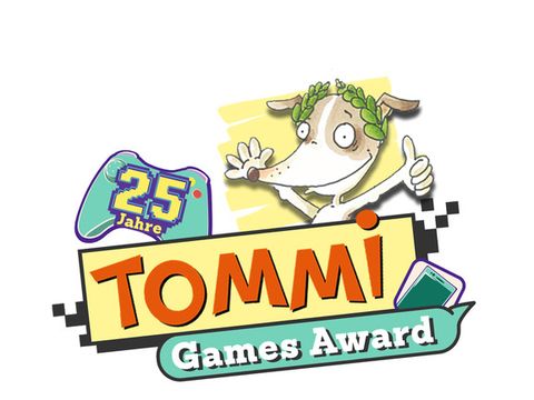 25 Jahre Tommi Games Award mit Comic-Hund, der Lorbeer-Kranz trägt