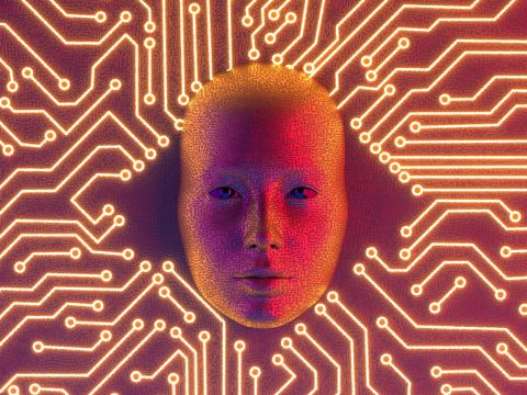 Robotergesicht auf rotem Grund