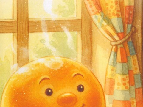 Illustration eines Teigbällchens mit Gesicht, der auf einer Fensterbank sitzt